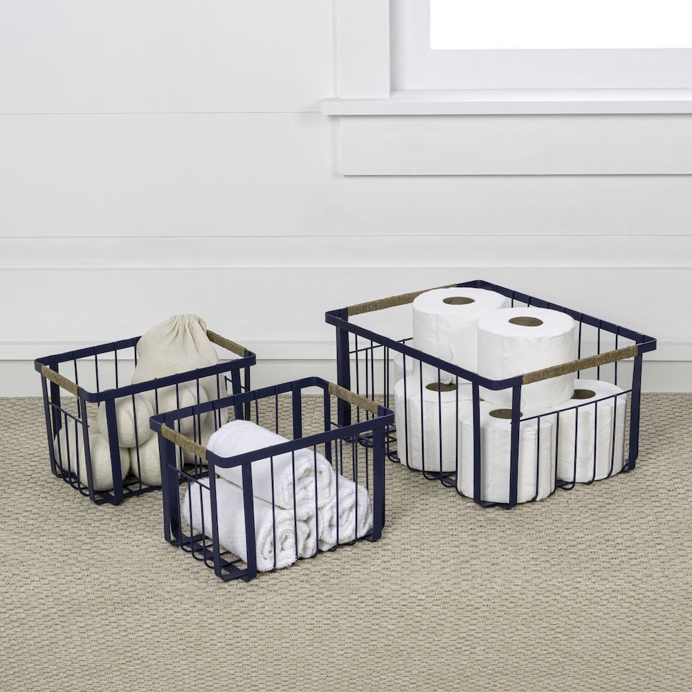 Vintage Farmhouse Handmade Wire Metal Nesting Storage Baskets, Navy (Set of 3)