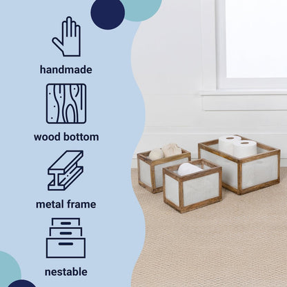 Fallon Handmade Wooden Metal Nesting Storage Baskets, White/Natural (Set of 3)