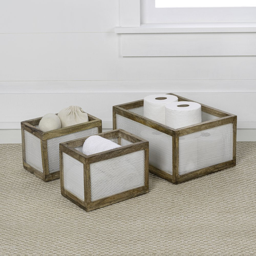 Fallon Handmade Wooden Metal Nesting Storage Baskets, White/Natural (Set of 3)