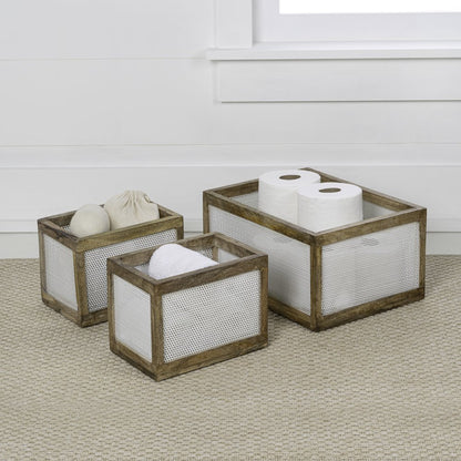 Fallon Handmade Wooden Metal Nesting Storage Baskets, White/Natural (Set of 3)