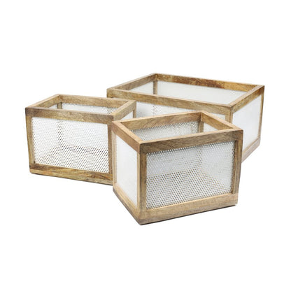 Fallon Handmade Wooden Metal Nesting Storage Baskets, White/Natural (Set of 3)