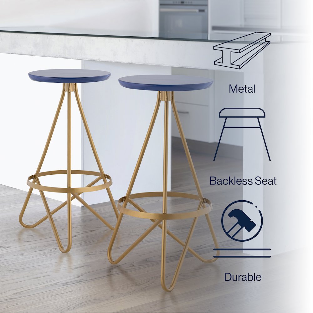 Spiroa 30" Modern Navy Blue & Gold Metal Backless Bar Stool
