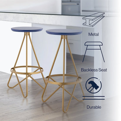 Spiroa 30" Modern Navy Blue & Gold Metal Backless Bar Stool