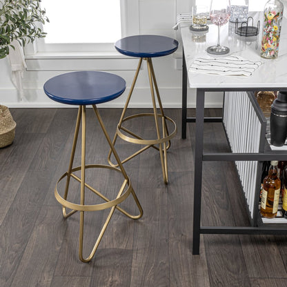 Spiroa 30" Modern Navy Blue & Gold Metal Backless Bar Stool
