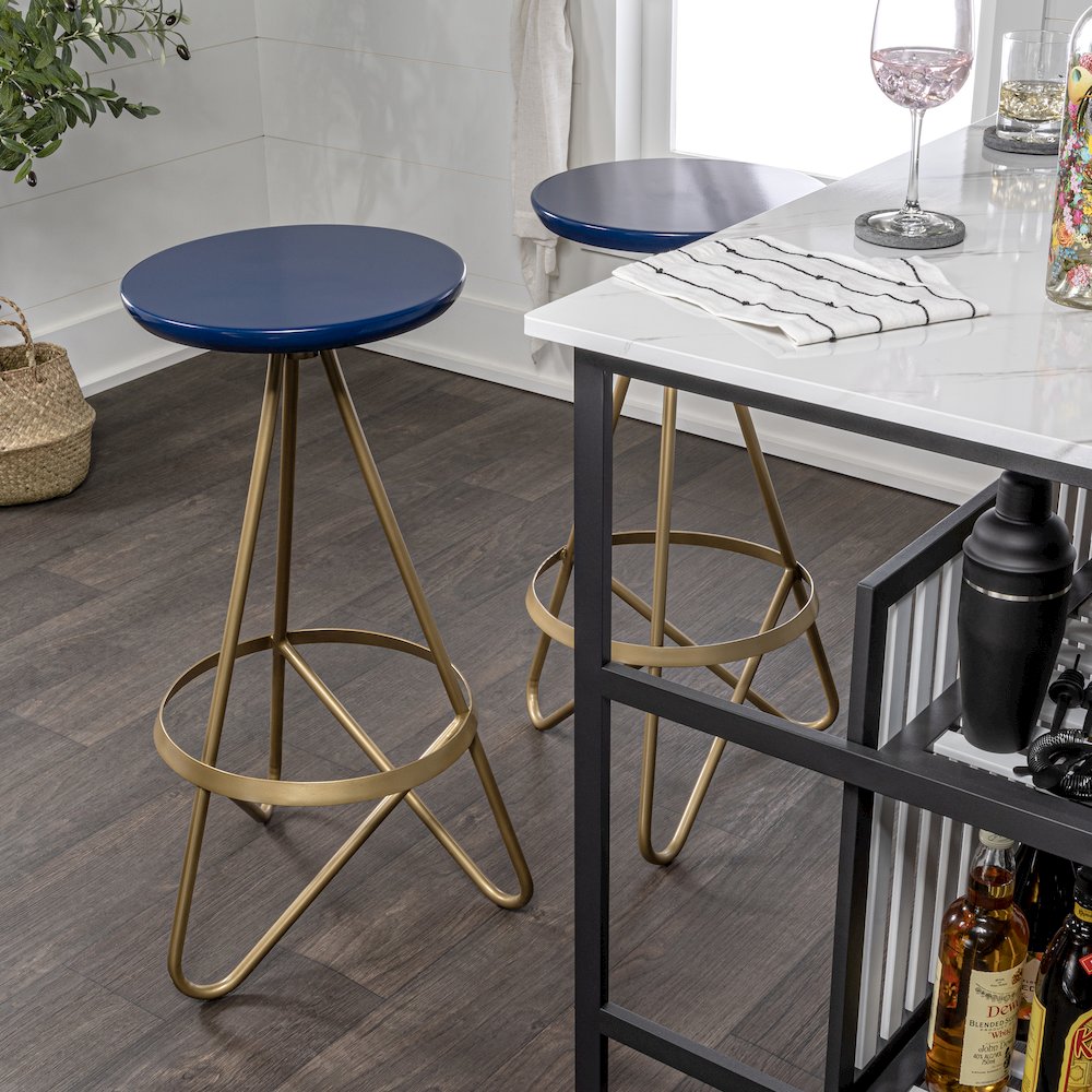 Spiroa 30" Modern Navy Blue & Gold Metal Backless Bar Stool