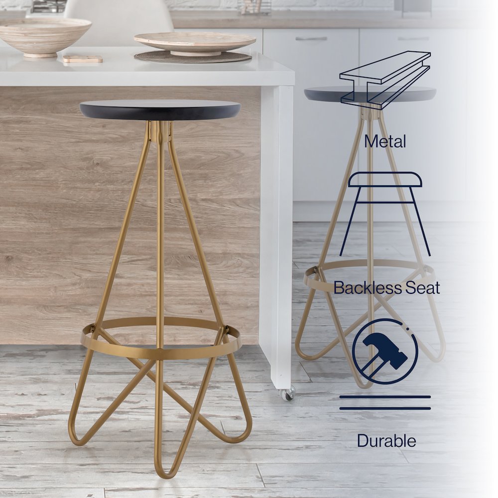 Spiroa 30" Modern Black & Gold Metal Backless Bar Stool