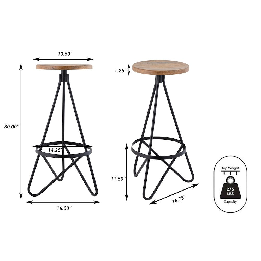 Spiroa 30" Modern Natural Brown & Black Wood Backless Bar Stool