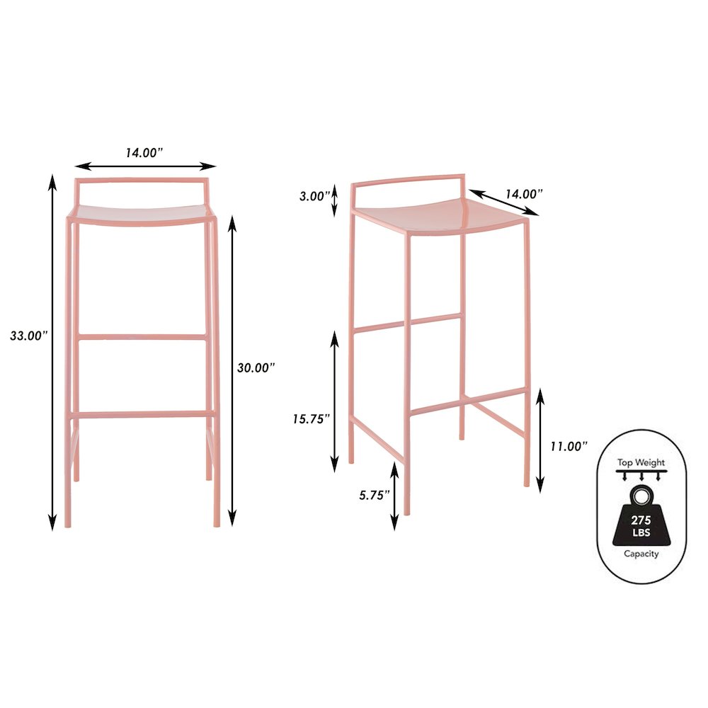 Svelte Minimalist 29.5" Seat Height Pink Metal Armless Low Back Bar Stool with