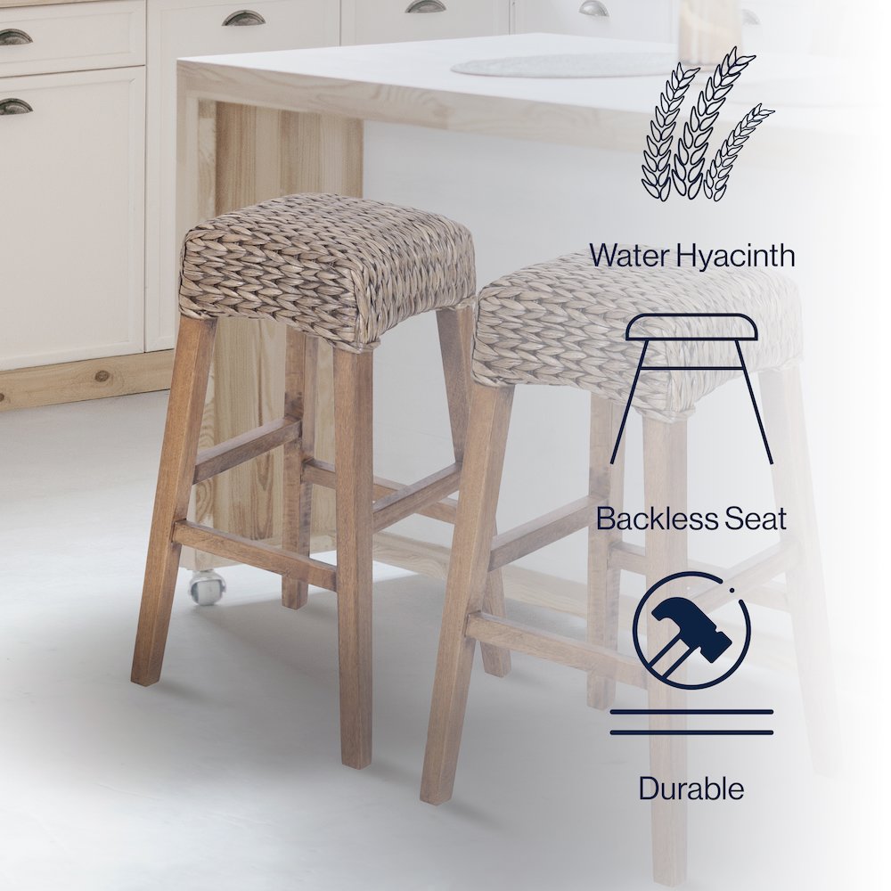 Maui Coastal 30" Woven Water Hyacinth Backless Bar Stool