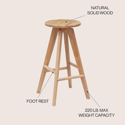 Ceren 30.5" Minimalist Solid Natural Wood Backless Bar Stool