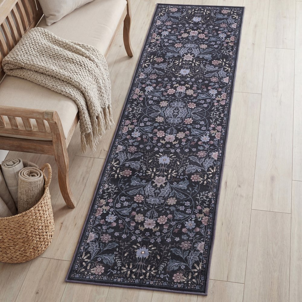 Primrose Art Nouveau Floral Border Dark Gray/Multi Runner Rug