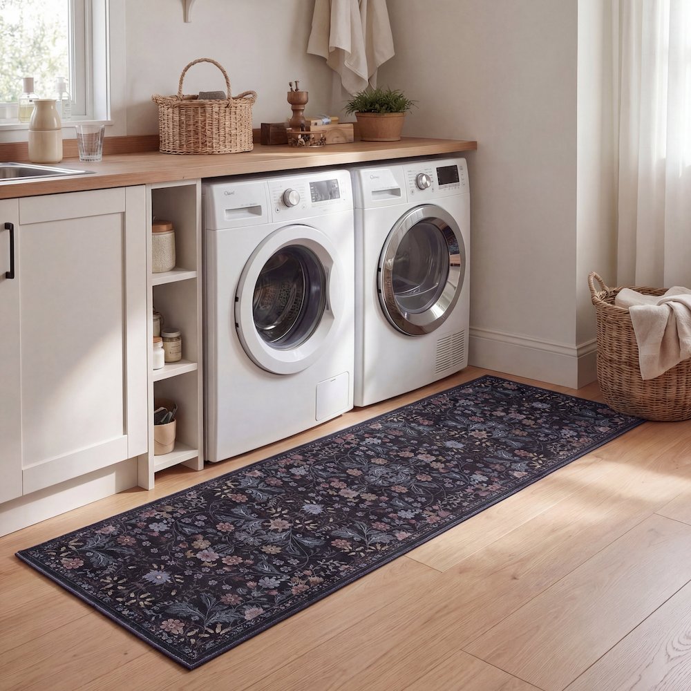 Primrose Art Nouveau Floral Border Dark Gray/Multi Runner Rug