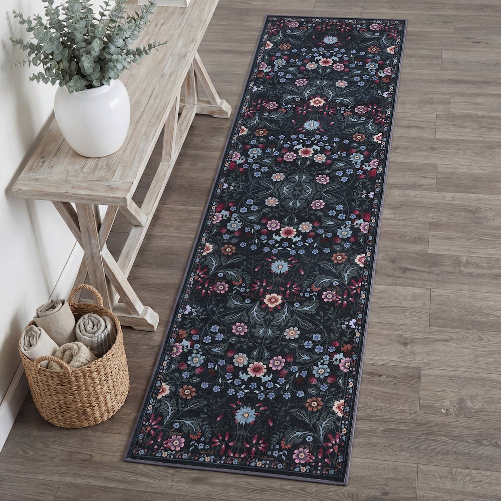 Primrose Art Nouveau Floral Border Dark Green/Multi Runner Rug