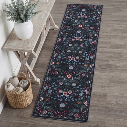 Primrose Art Nouveau Floral Border Dark Green/Multi Runner Rug