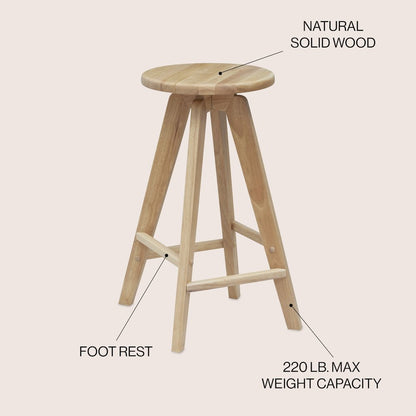 Ceren 25.5" Minimalist Solid Natural Wood Backless Counter Stool