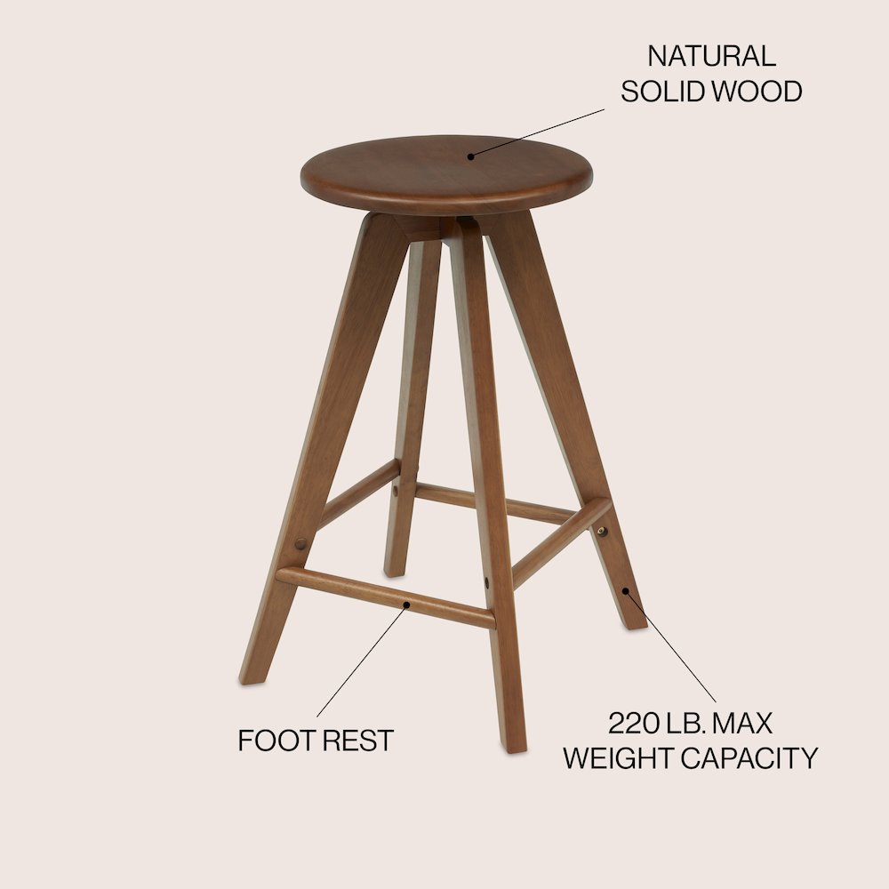 Ceren 25.5" Minimalist Solid Walnut Brown Wood Backless Counter Stool