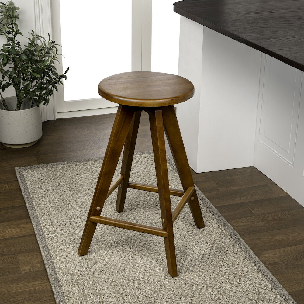 Ceren 25.5" Minimalist Solid Walnut Brown Wood Backless Counter Stool