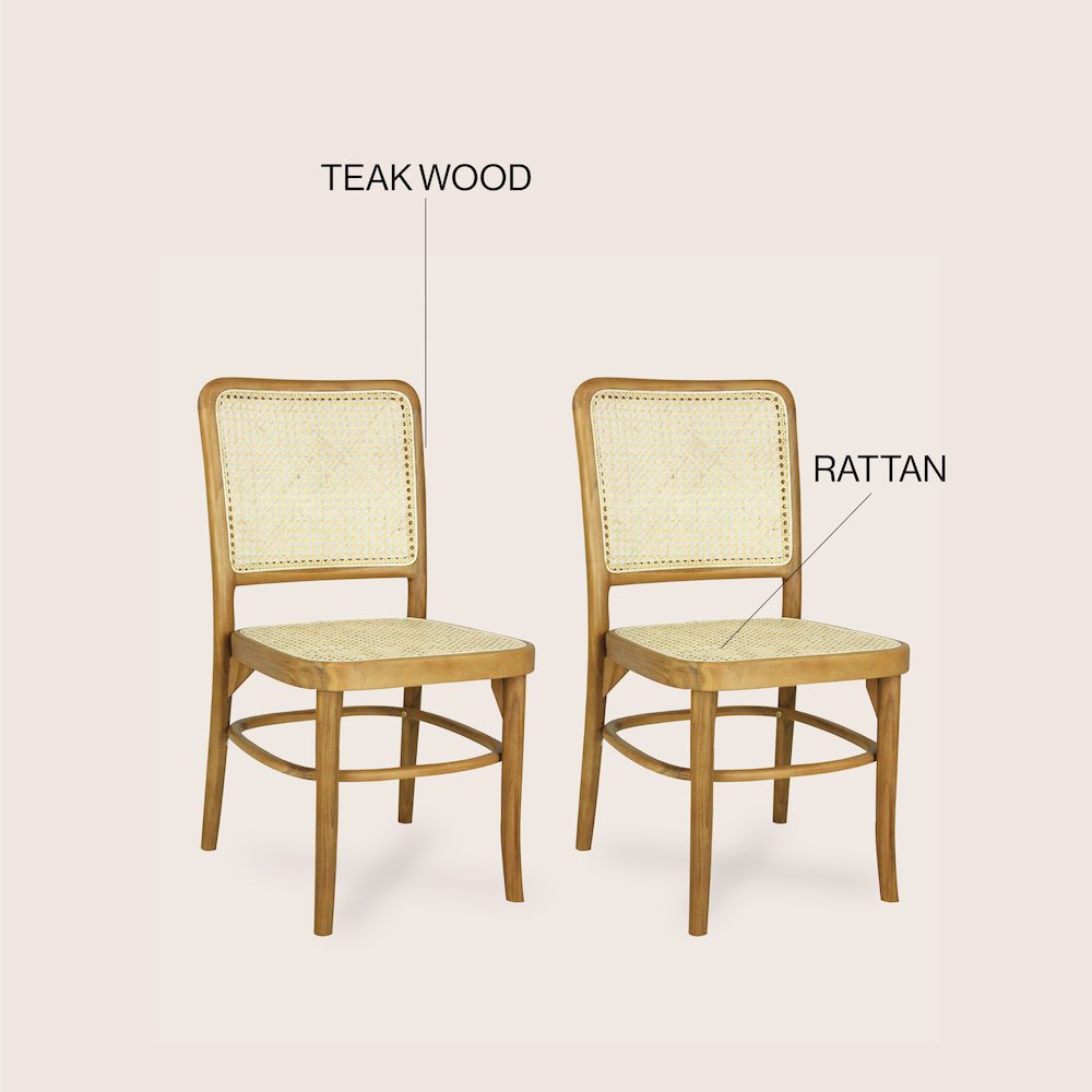 Colmar Mid-Century Natural Teak Wood & Woven Rattan Cane Back Dining Chairs