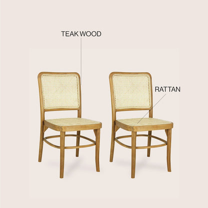 Colmar Mid-Century Natural Teak Wood & Woven Rattan Cane Back Dining Chairs