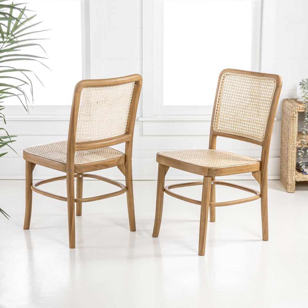 Colmar Mid-Century Natural Teak Wood & Woven Rattan Cane Back Dining Chairs