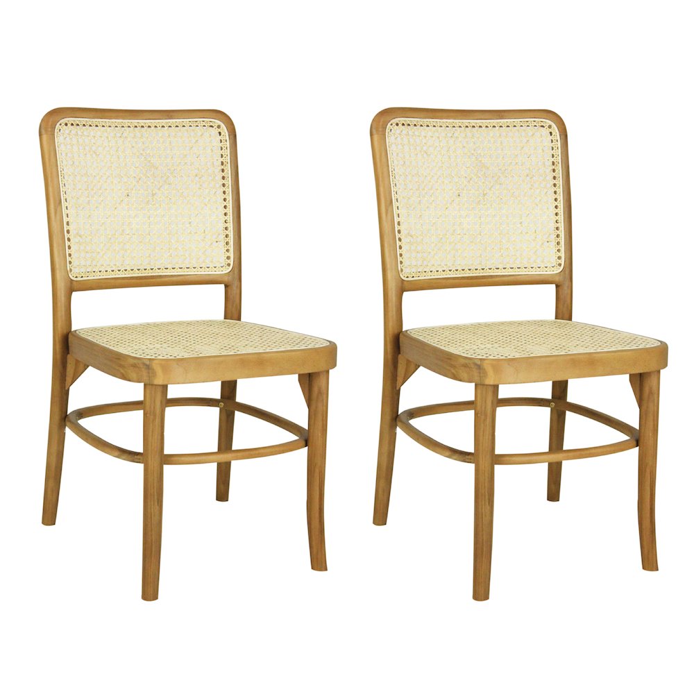 Colmar Mid-Century Natural Teak Wood & Woven Rattan Cane Back Dining Chairs