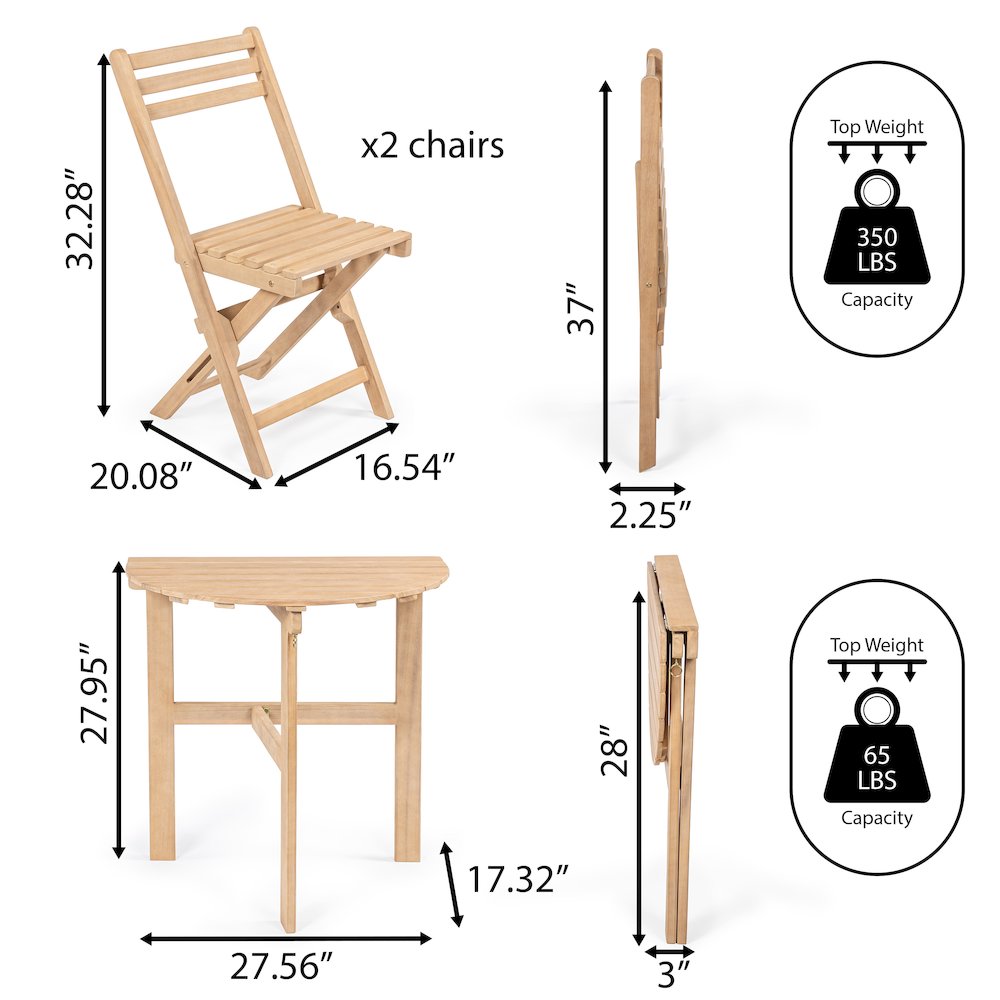 Cadiz Classic 3-Piece Solid Acacia Wood Outdoor Folding Bistro Set