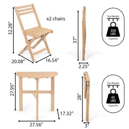 Cadiz Classic 3-Piece Solid Acacia Wood Outdoor Folding Bistro Set