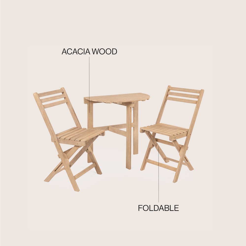 Cadiz Classic 3-Piece Solid Acacia Wood Outdoor Folding Bistro Set