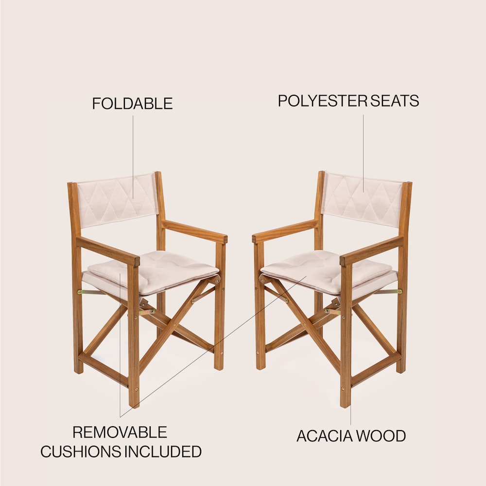 Waldo Coastal Foldable Acacia Wood Outdoor Director Chairs with Beige