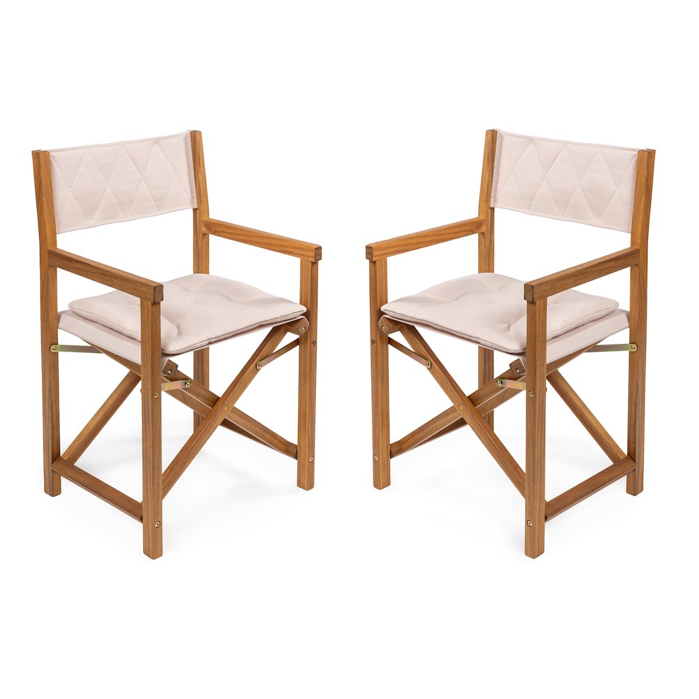 Waldo Coastal Foldable Acacia Wood Outdoor Director Chairs with Beige