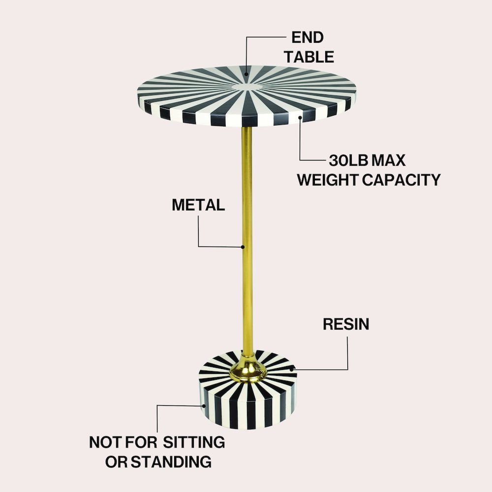 Calix Art Deco Metal/Resin Sunburst Round Drink Table, Black/White