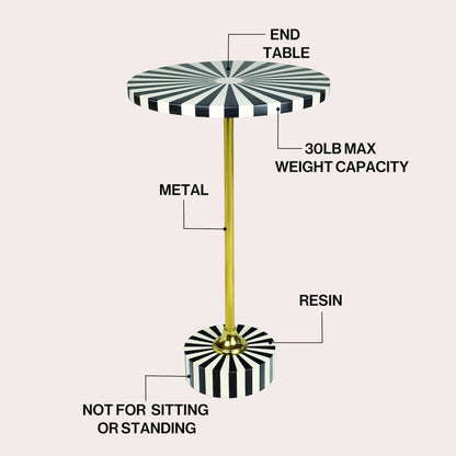 Calix Art Deco Metal/Resin Sunburst Round Drink Table, Black/White