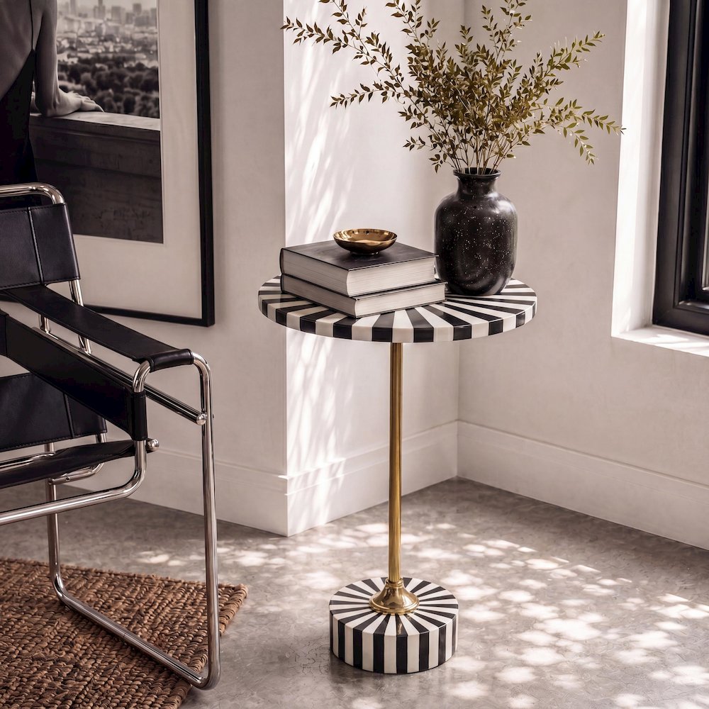 Calix Art Deco Metal/Resin Sunburst Round Drink Table, Black/White
