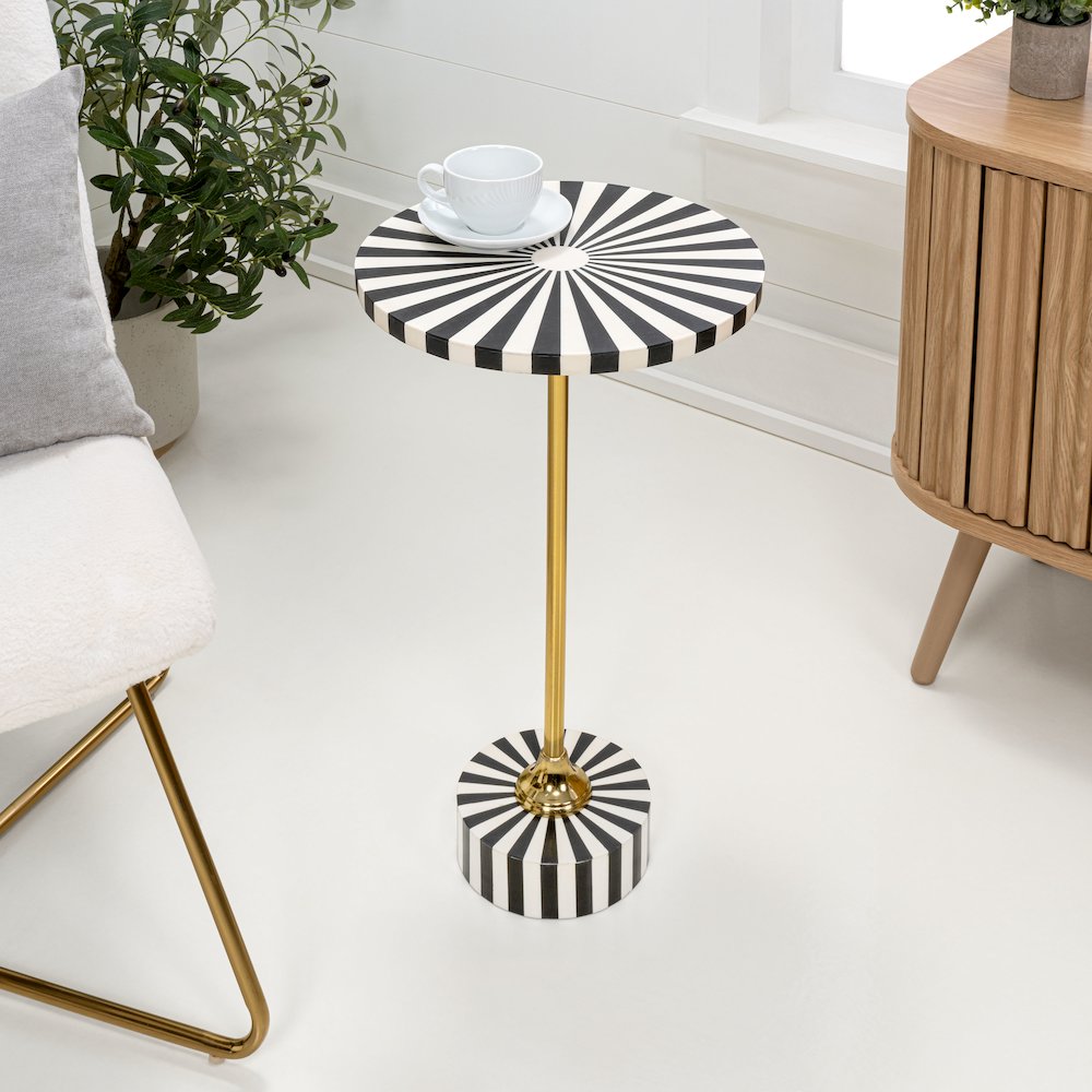 Calix Art Deco Metal/Resin Sunburst Round Drink Table, Black/White