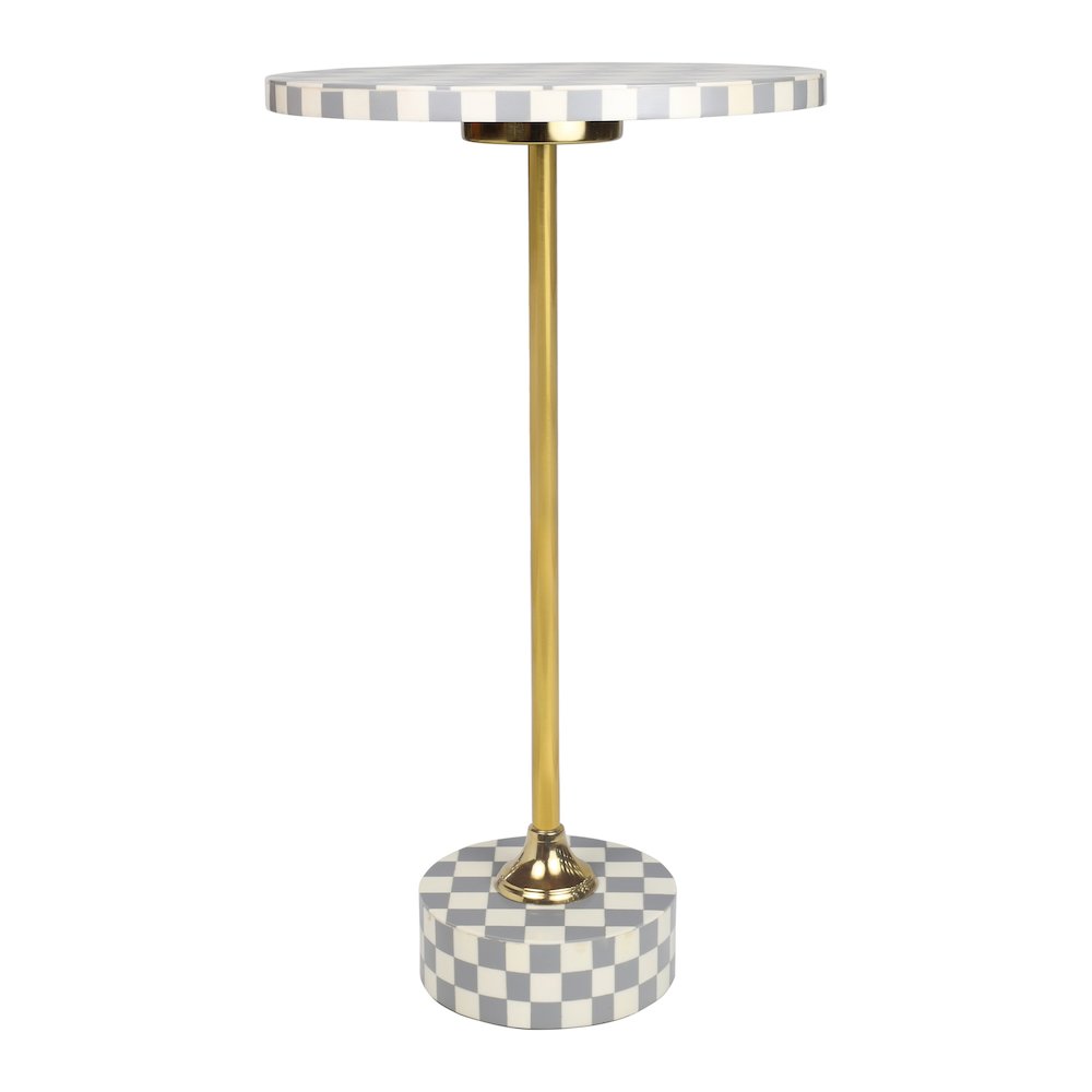 Calix Art Deco Metal/Resin Checkerboard Round Drink Table, Gray/White