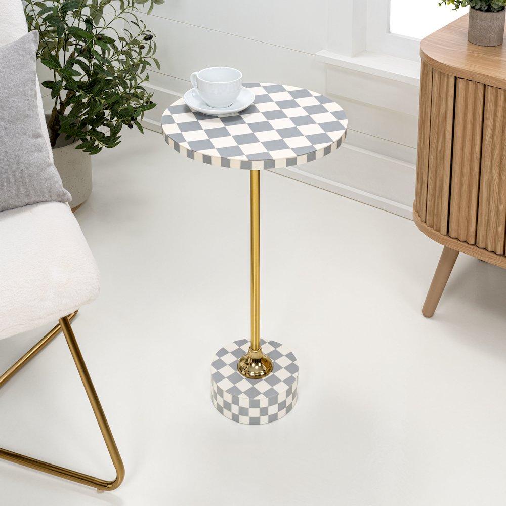 Calix Art Deco Metal/Resin Checkerboard Round Drink Table, Gray/White