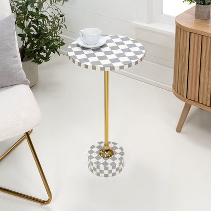 Calix Art Deco Metal/Resin Checkerboard Round Drink Table, Gray/White