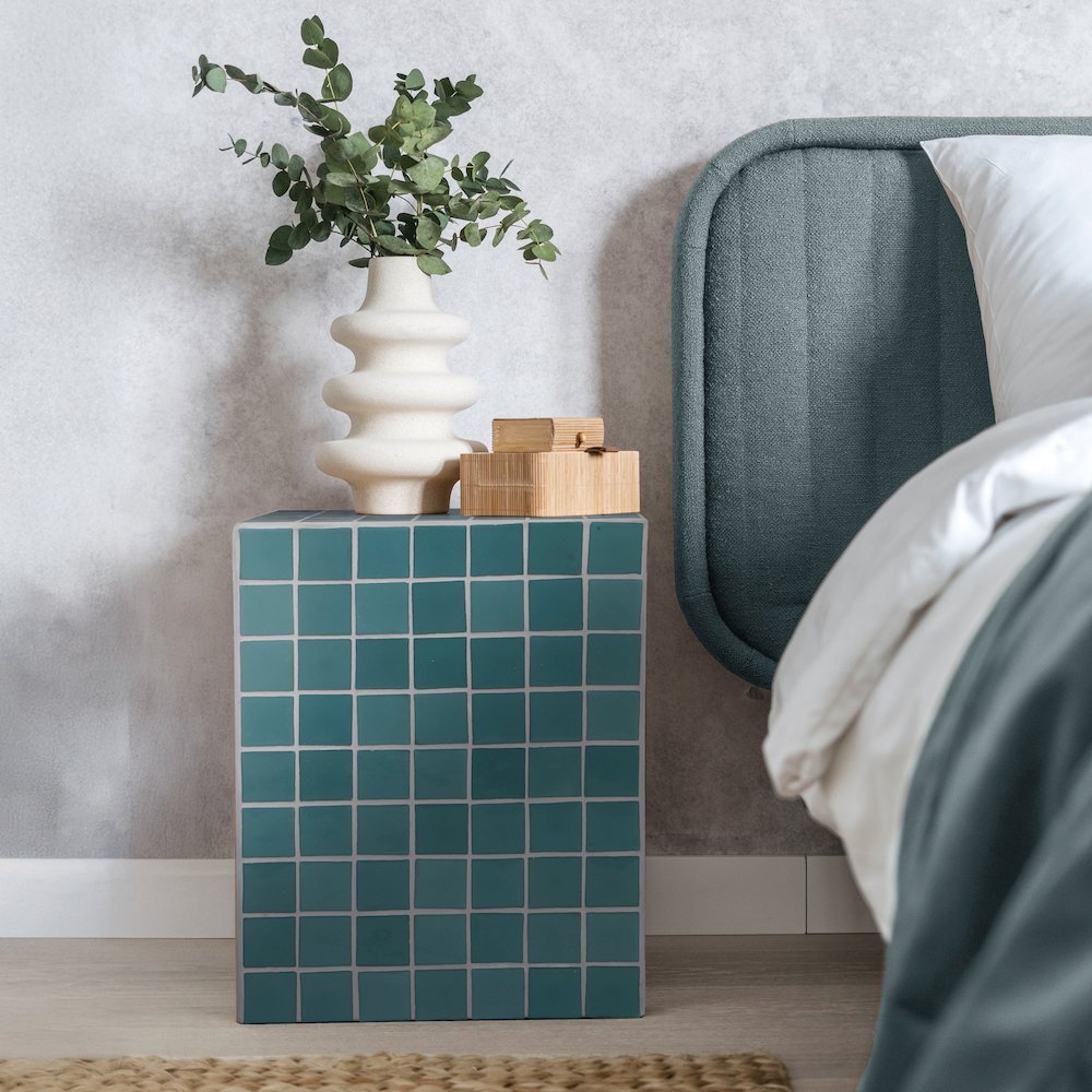 Callista Modern 18" Teal Blue Ceramic Tiled Cube Side Table