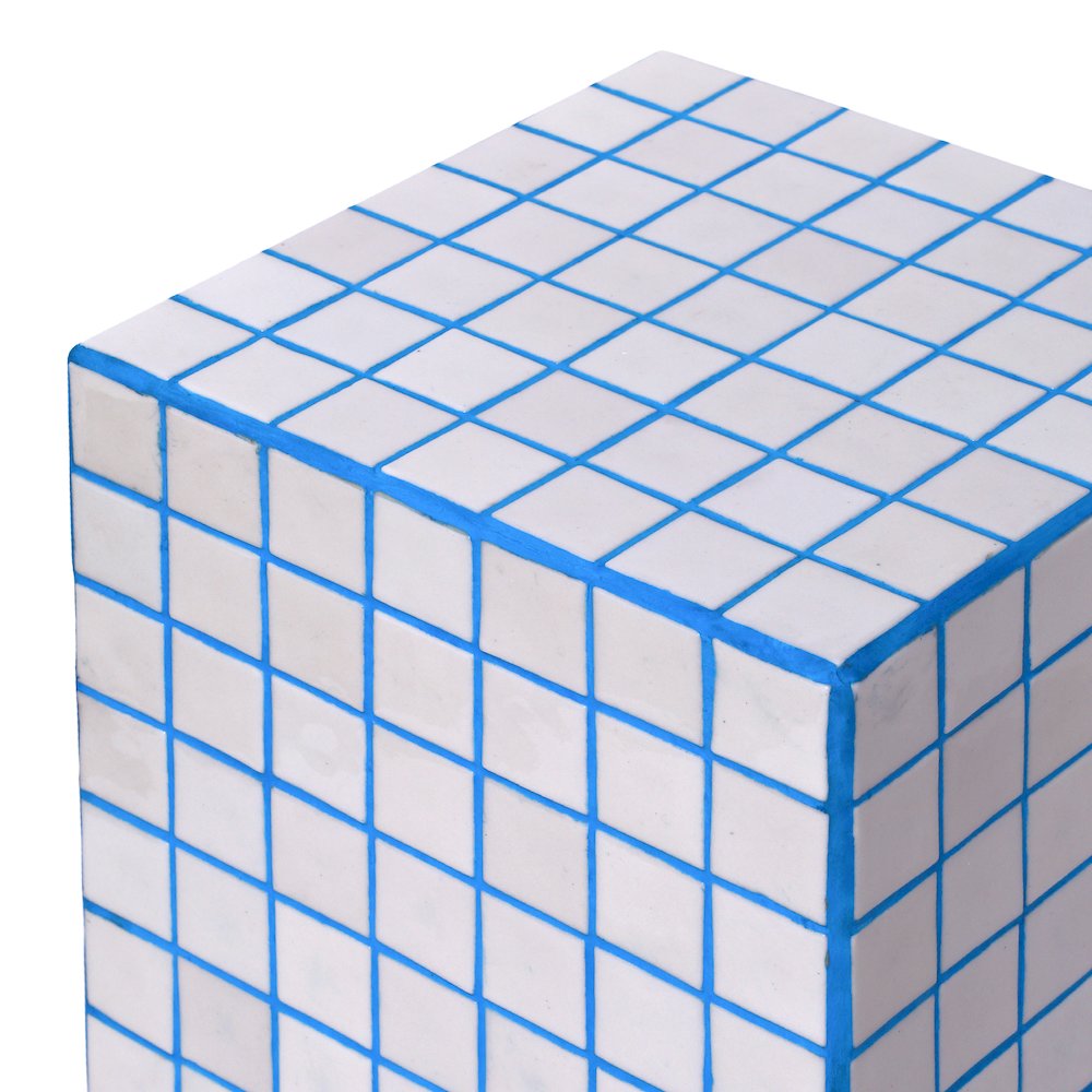 Callista Modern 18" White/Blue Ceramic Tiled Cube Side Table