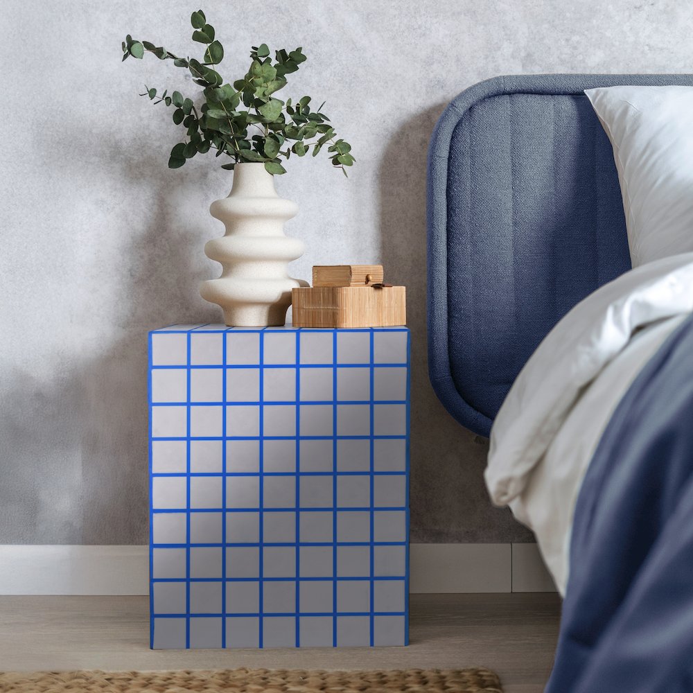 Callista Modern 18" White/Blue Ceramic Tiled Cube Side Table