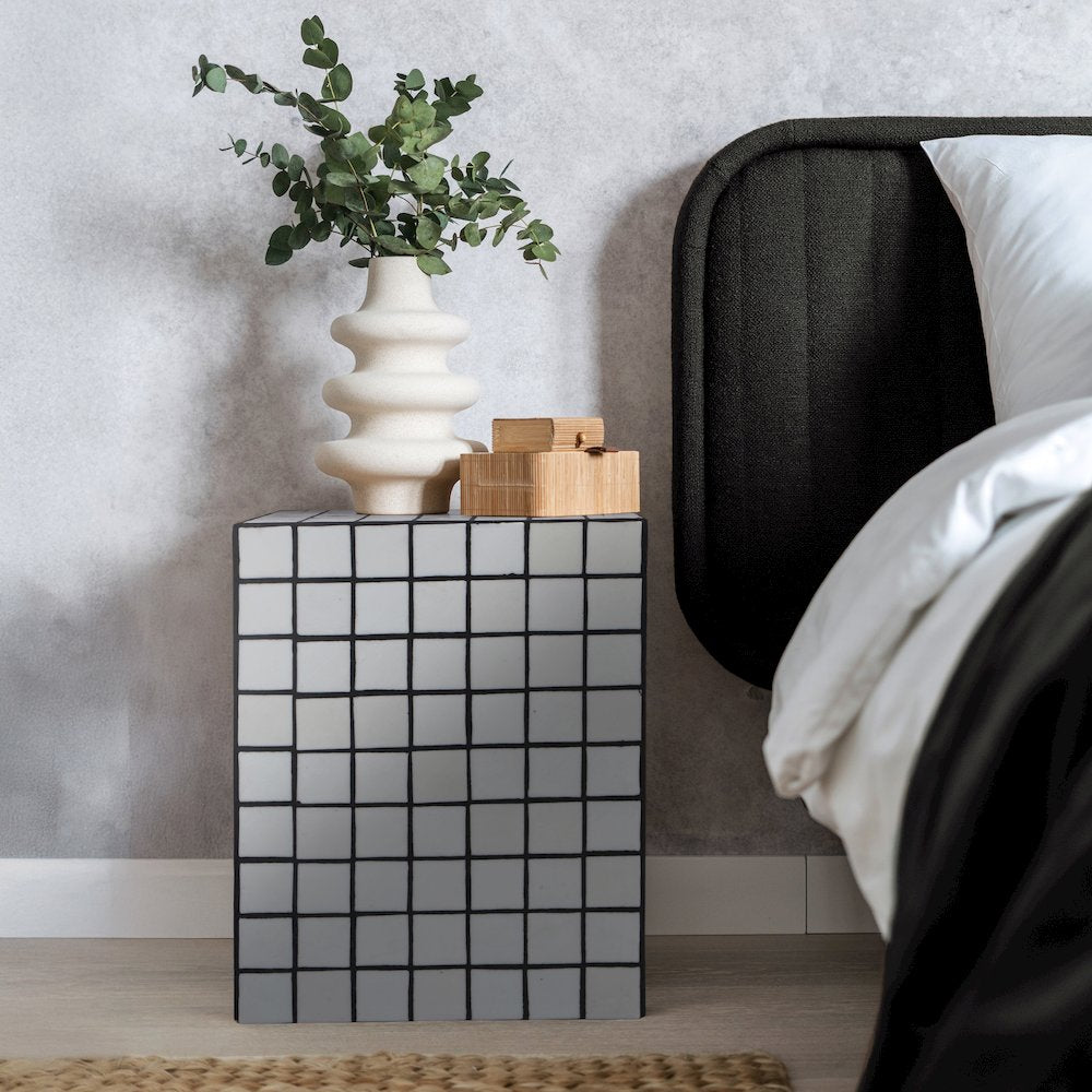 Callista Modern 18" White/Black Ceramic Tiled Cube Side Table