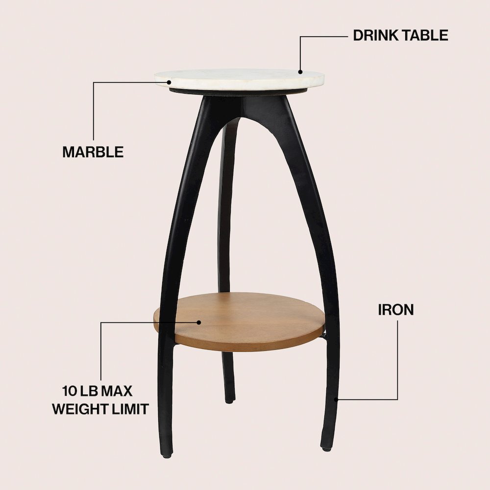 Ollie 24.5" Modern 2-Tier Round Drink Table, White Faux Marble Top