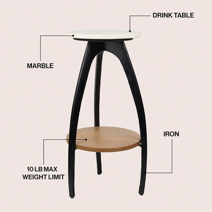 Ollie 24.5" Modern 2-Tier Round Drink Table, White Faux Marble Top