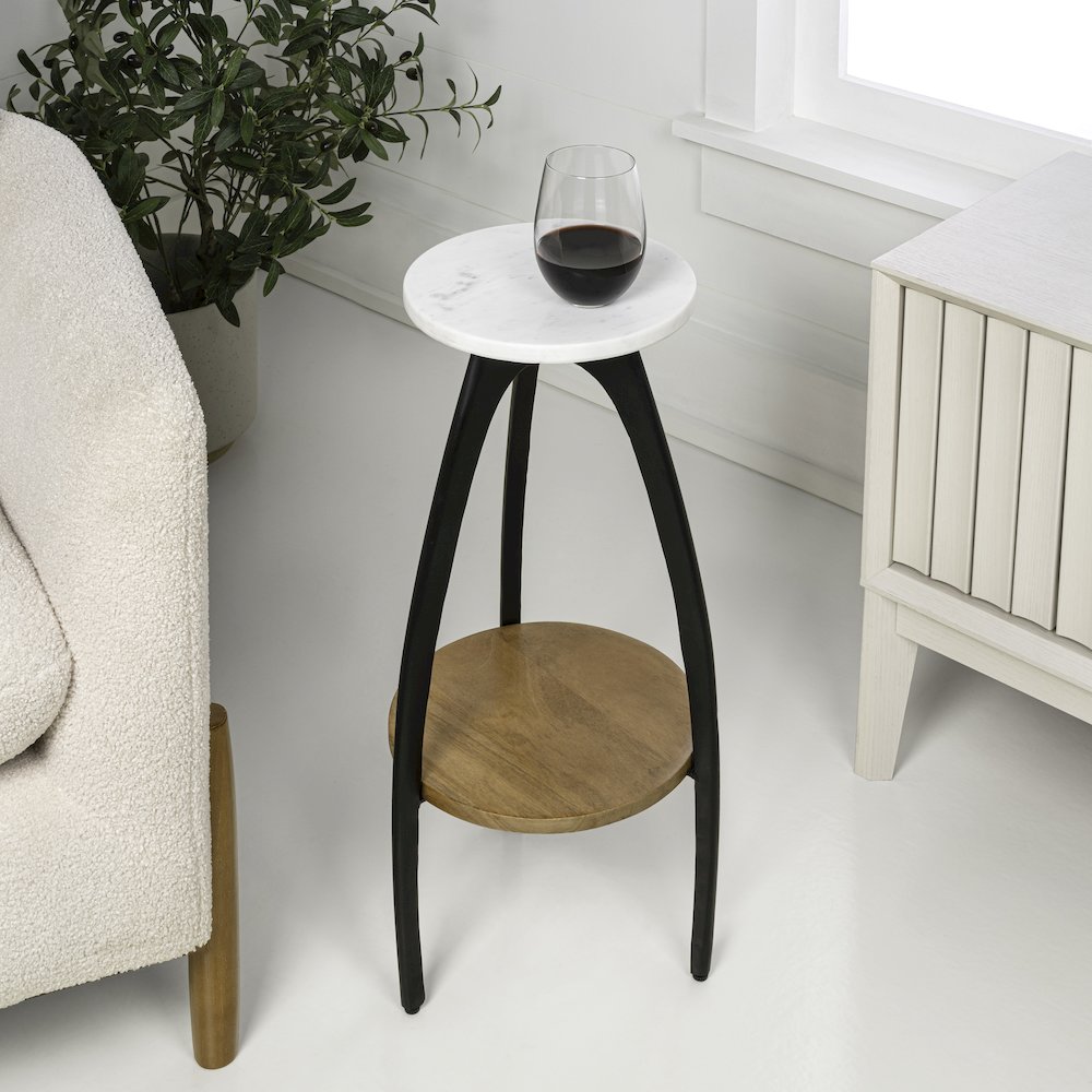 Ollie 24.5" Modern 2-Tier Round Drink Table, White Faux Marble Top
