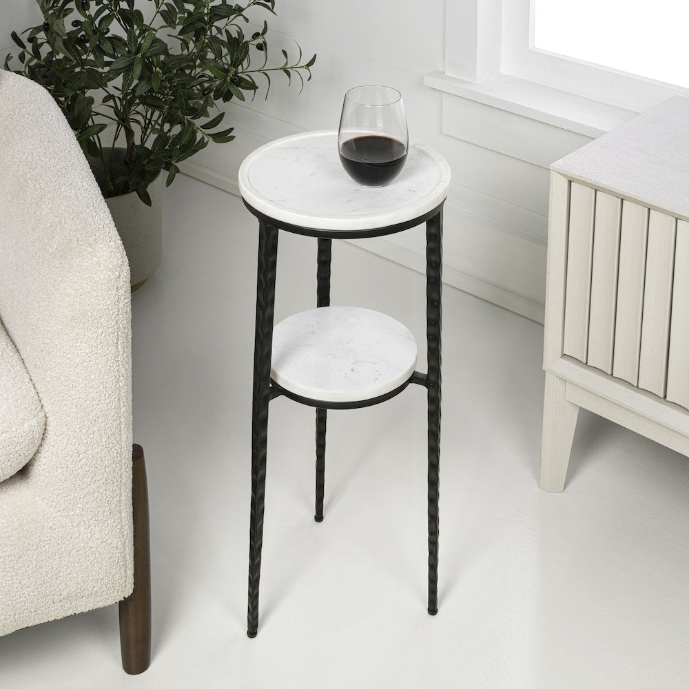 Seraphina Modern 25" Round White Marble 2-Tier Drink Table