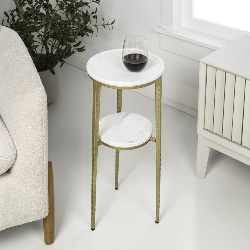 Seraphina Modern 25" Round White Marble 2-Tier Drink Table