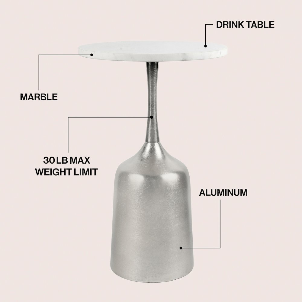 Pip 20.25" Modern Metal Pedestal Drink Table with White Marble Round Top
