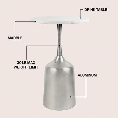 Pip 20.25" Modern Metal Pedestal Drink Table with White Marble Round Top