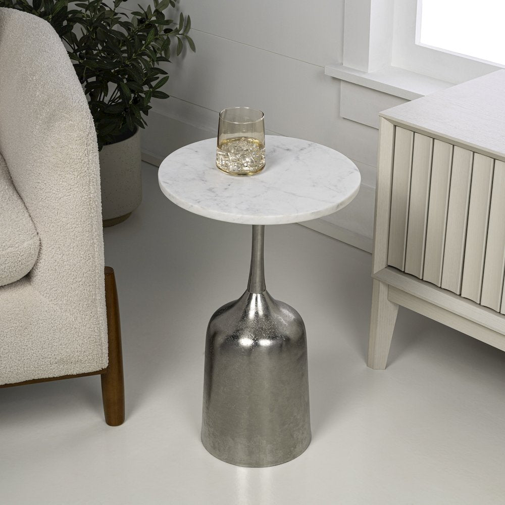 Pip 20.25" Modern Metal Pedestal Drink Table with White Marble Round Top