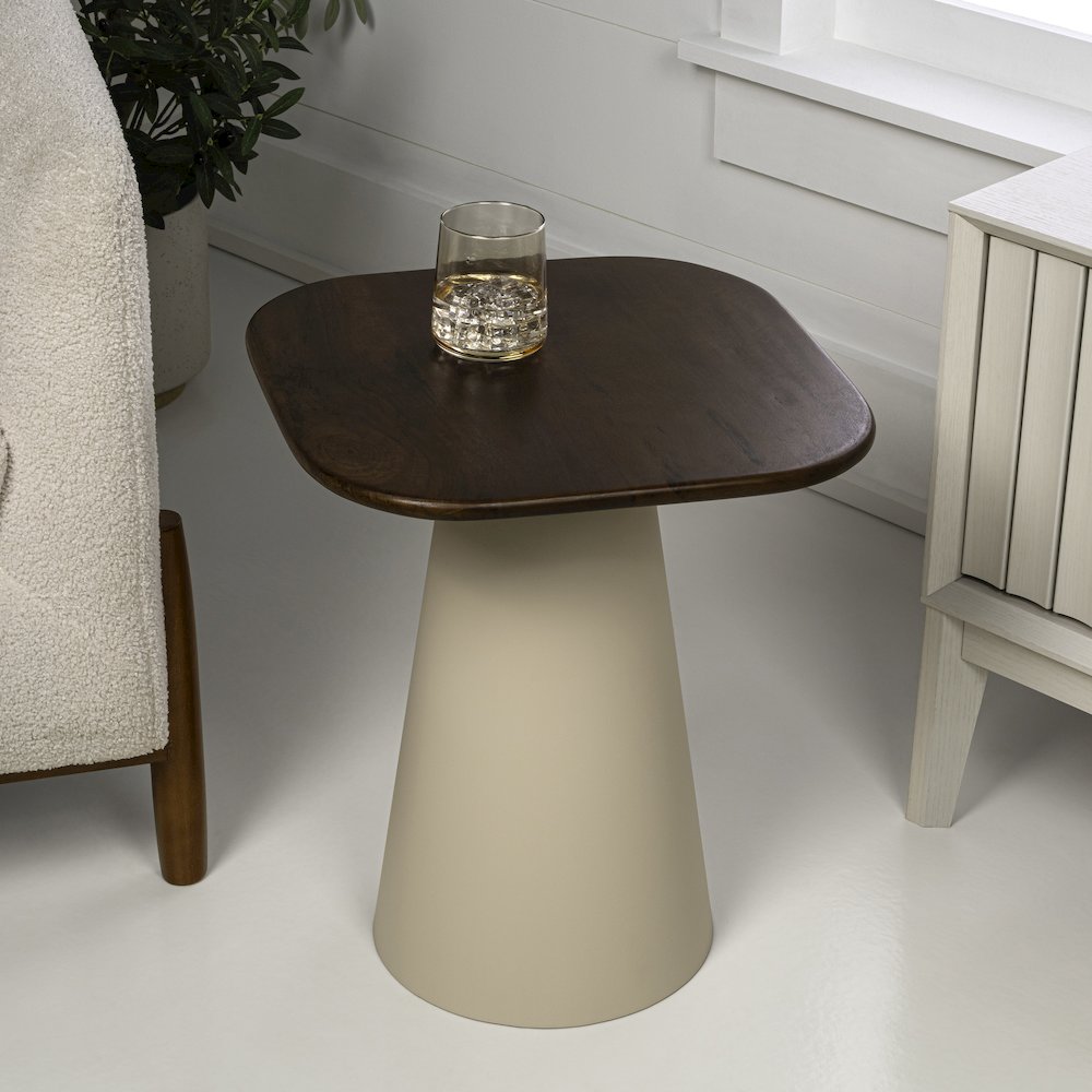 Skye 18" Solid Walnut Mango Wood Square End Table with Tapered Warm Ivory Metal